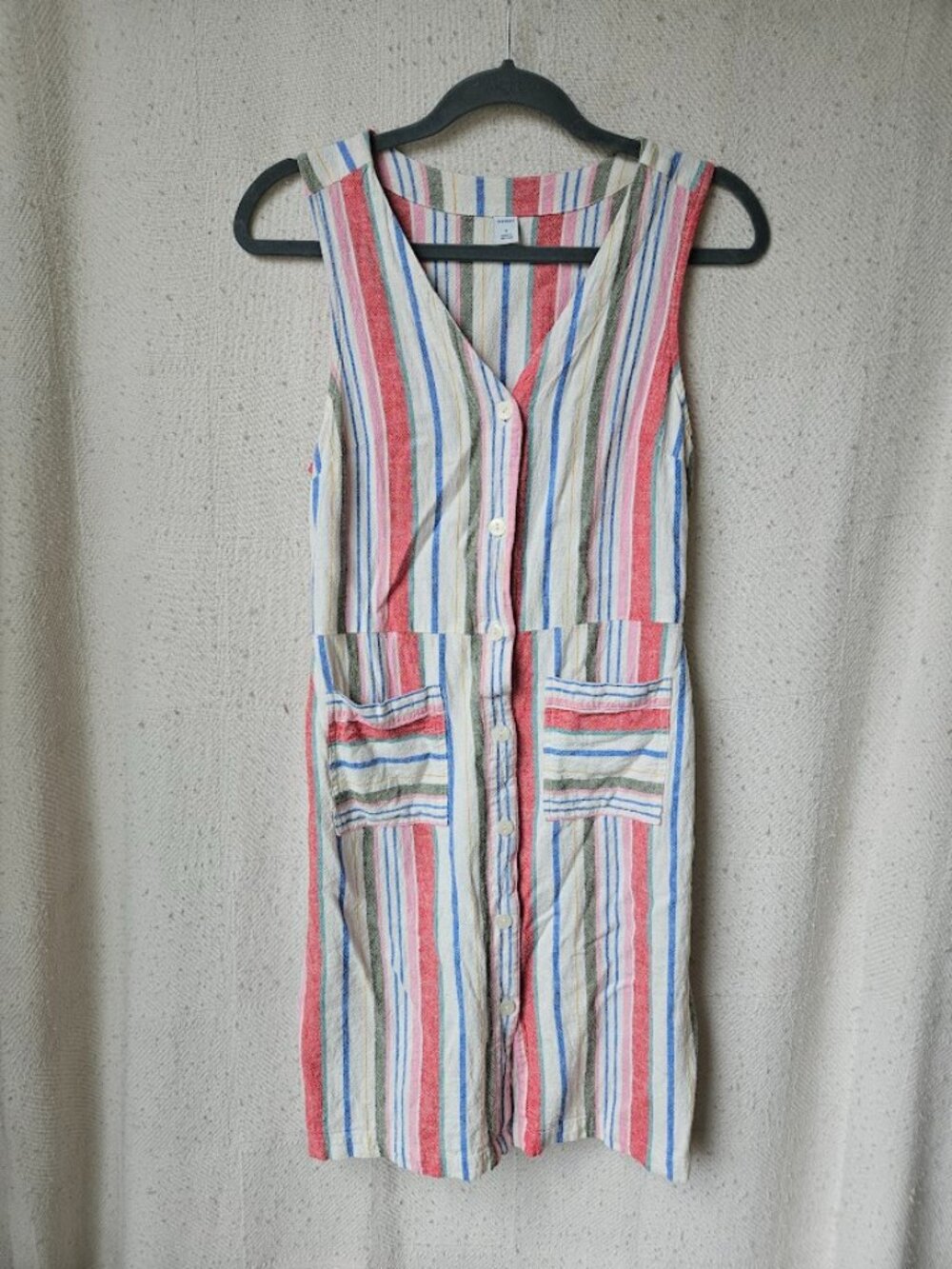 Old Navy Rainbow Linen Sleeveless Button Up Women's Stripe Mini Short Dress
